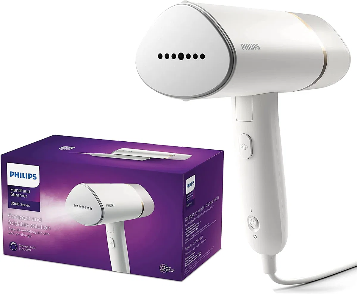 Philips Domestic Appliances, parowiec ręczny z serii 3000, kompaktowy i składany, gotowy do użycia w ciągu 30 sekund, nie wymaga deski do prasowania, 1000 W, do 20 g/min, STH3020/16, biały