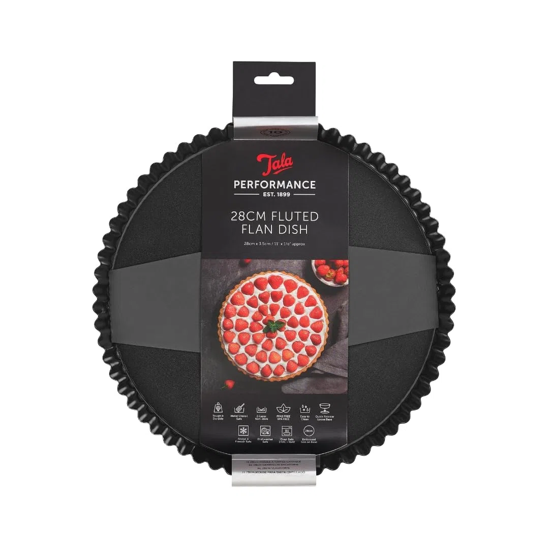 Tala Performance karbowana blacha do tarty o średnicy 28 cm, profesjonalna stal węglowa z powłoką nieprzywierającą Eclipse, luźna podstawa, idealna do słonych lub słodkich tart, flaneli, quichów lub