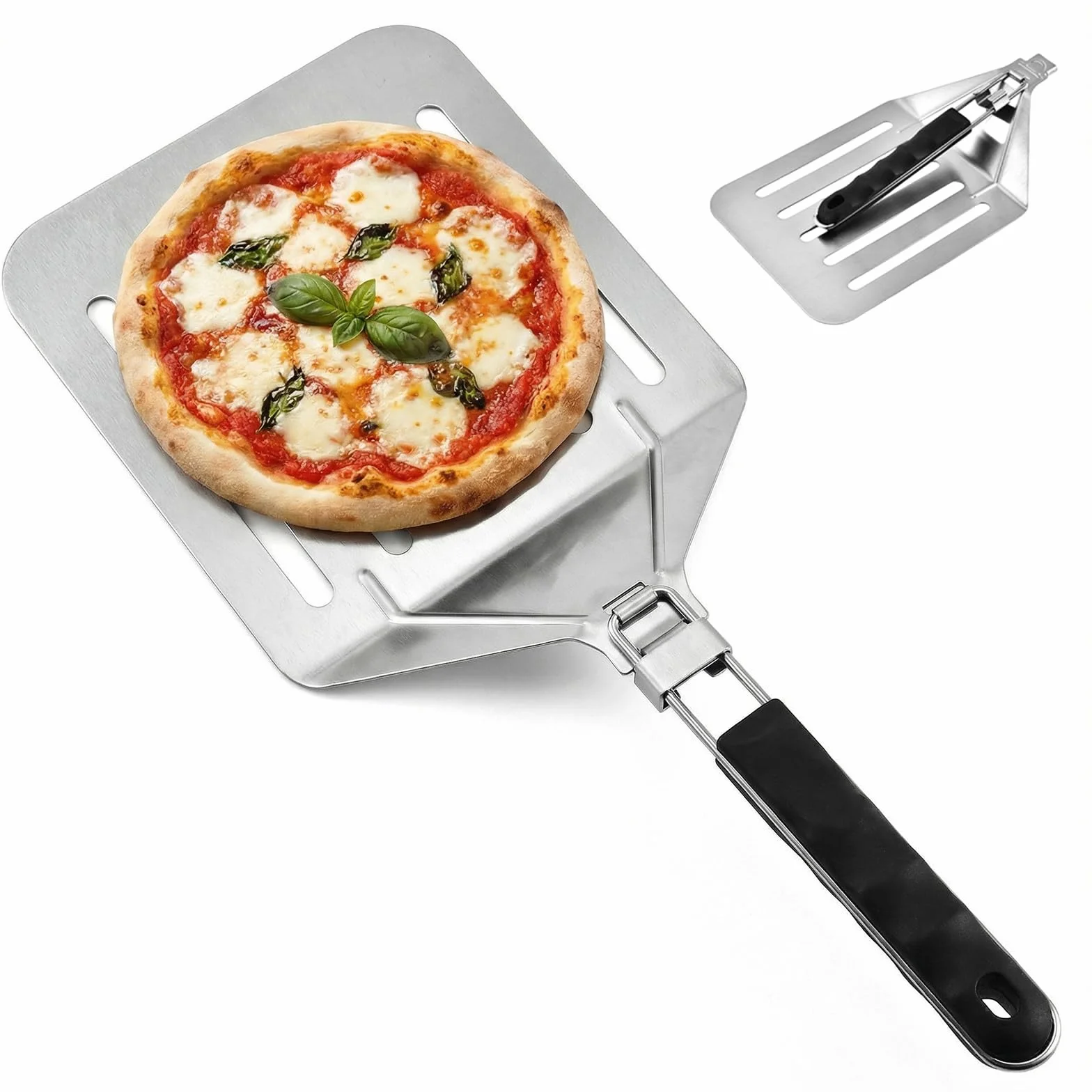 Łopata do Pizzy Perforowana, Profesjonalna Łopatka do Pizzy Składana ze Stali Nierdzewnej, Skórka Pizze, Podnośnik do Pizzy, Tart, Bulek, Chleba i Ciast do Piekarnika i Grilla (20,3 x 23 cm)