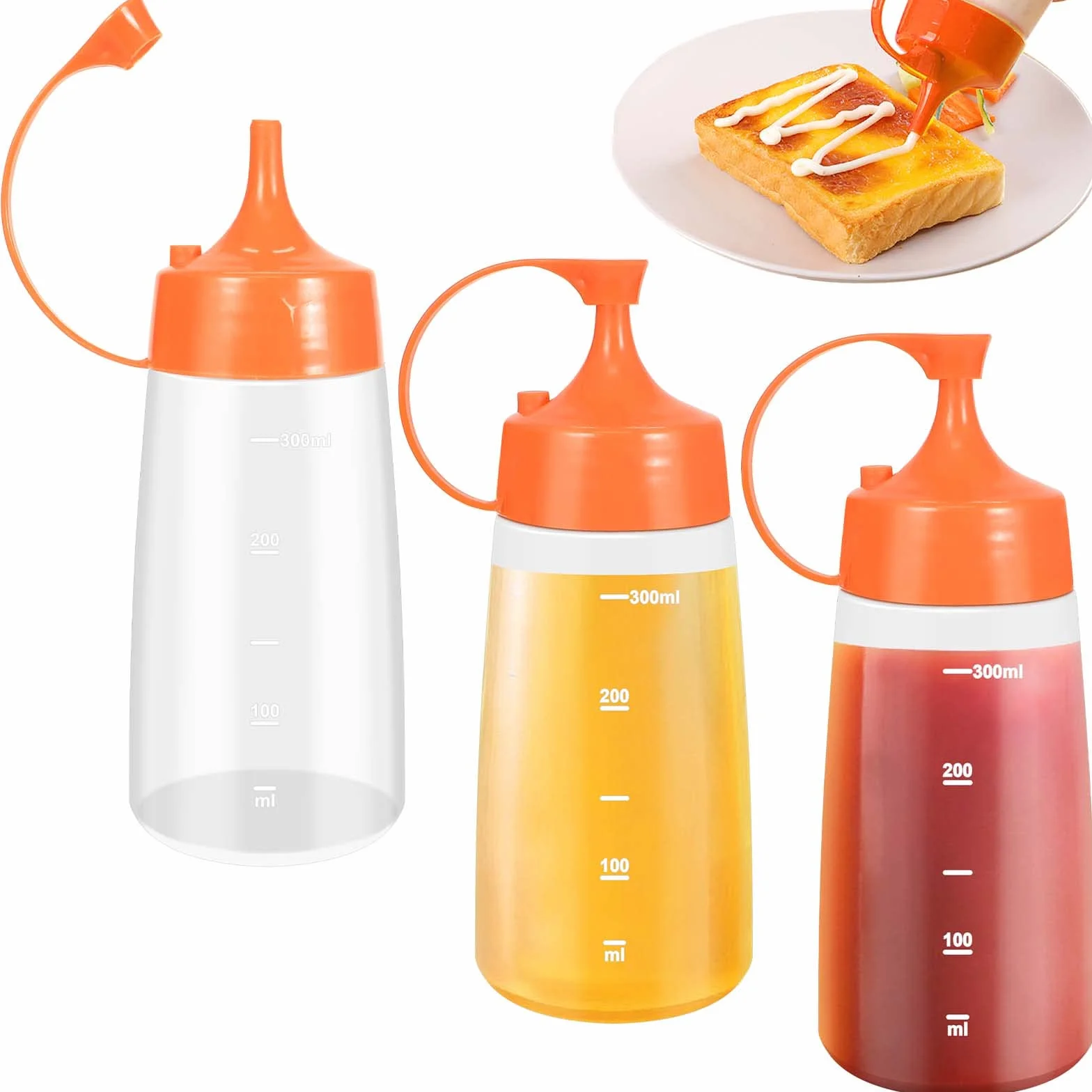 Naapesi 3 butelki do wyciskania z tworzywa sztucznego, 300 ml, butelka do wyciskania z nakrętkami, butelka na sos, dozownik do sosu, butelki dozujące do dressingu, ketchupu, ostrego sosu, oliwy z