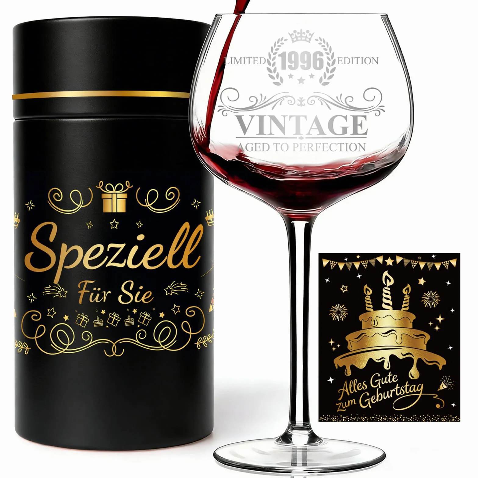 Vintage Birthday Wine Cup 1996 - limitowana edycja - prezent urodzinowy dla mężczyzn i kobiet - szklany kubek z pudełkiem na prezent