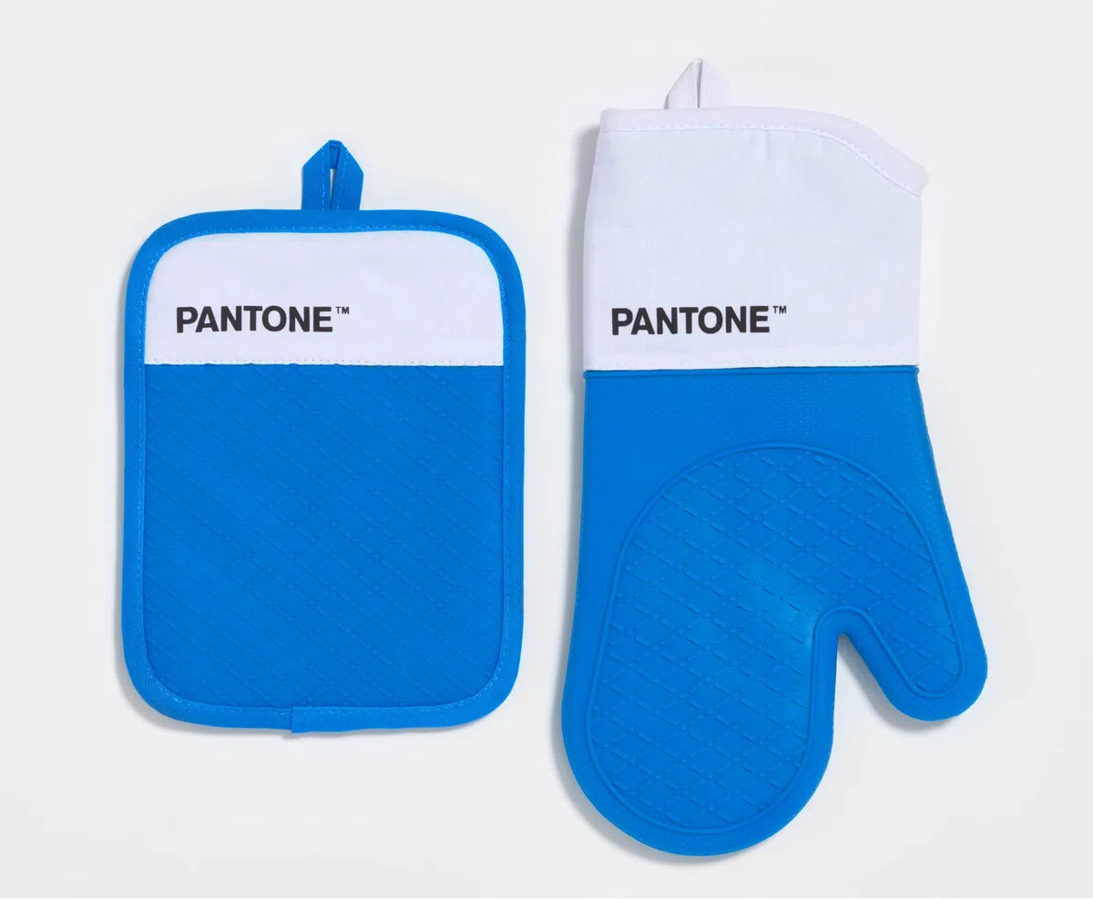 Pantone™ zestaw kuchenny składający się z rękawicy kuchennej + uchwytu na garnki, bawełna z silikonowym antypoślizgowym uchwytem - przydatne żaroodporne akcesoria kuchenne do 250°C - biały/niebieski