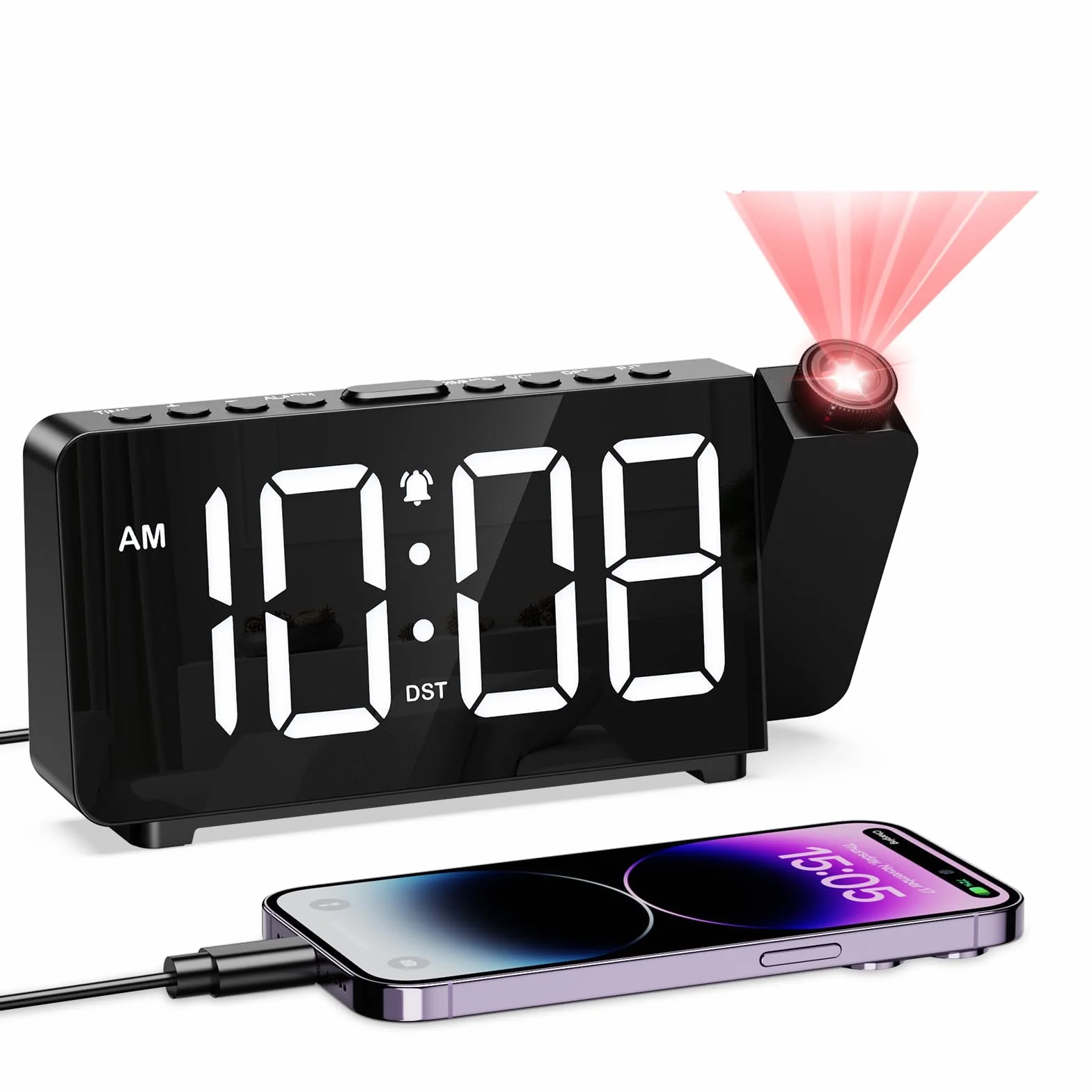 Projekcyjny budzik Ankilo, 6,4-calowy wyświetlacz cyfrowy i regulacja ostrości projekcji budzika, port USB, drzemka, 12/24, DST, regulacja jasności do sypialni, sufitu, ściany, dzieci, seniorów